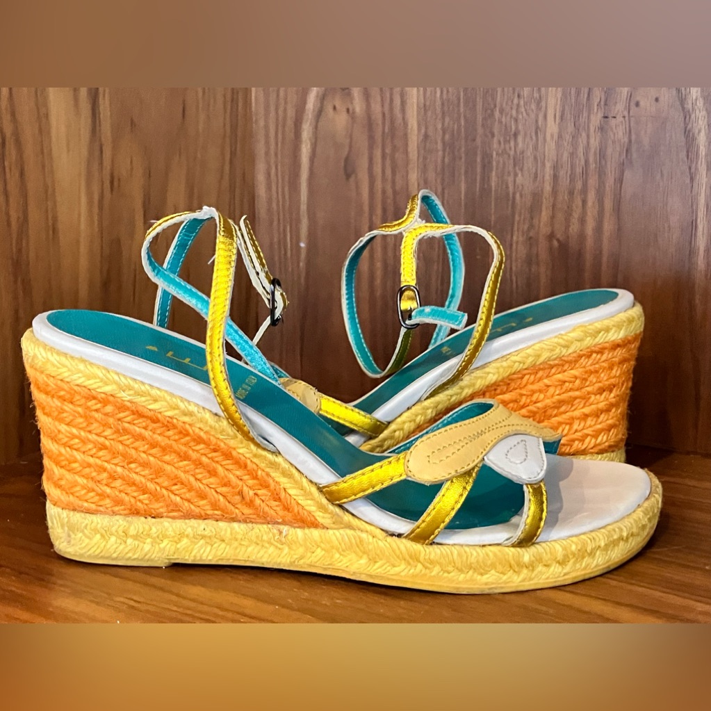 Vtg E Made In Italy Colorblock Wedge Espadrilles Sz 37 Cream/Orange/Yellow/Gold